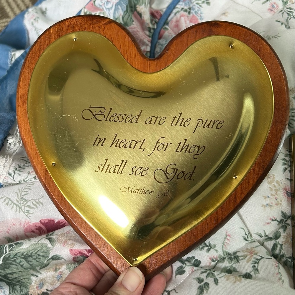 Vintage Brass Wood Heart Matthew 5:8 Wall Plaque Bible Verse